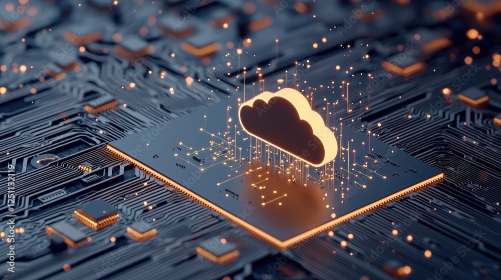 Poster a close up image of a circuit board with glowing lines and a superimposed cloud icon, connecting phy