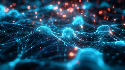 Abstract futuristic network with glowing blue and red nodes interconnected by lines, showcasing data transfer, digital connectivity, and technology in a modern visual representation.