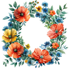Watercolor Floral Wreath with Colorful Flowers, Perfect for Invitations and Decorative Designs