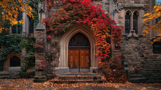 Historic gothic stone college entrance covered in ivy with vibrant autumn foliage
