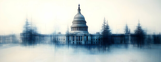 Capitol Building, DC, misty morning, blurred background, political art