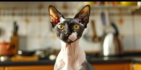 Portrait of a Cornish Rex Cat with blurred kitchen background, copy space, cinematic 