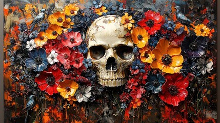 A Human Skull Adorned With Vibrant Flowers and Birds