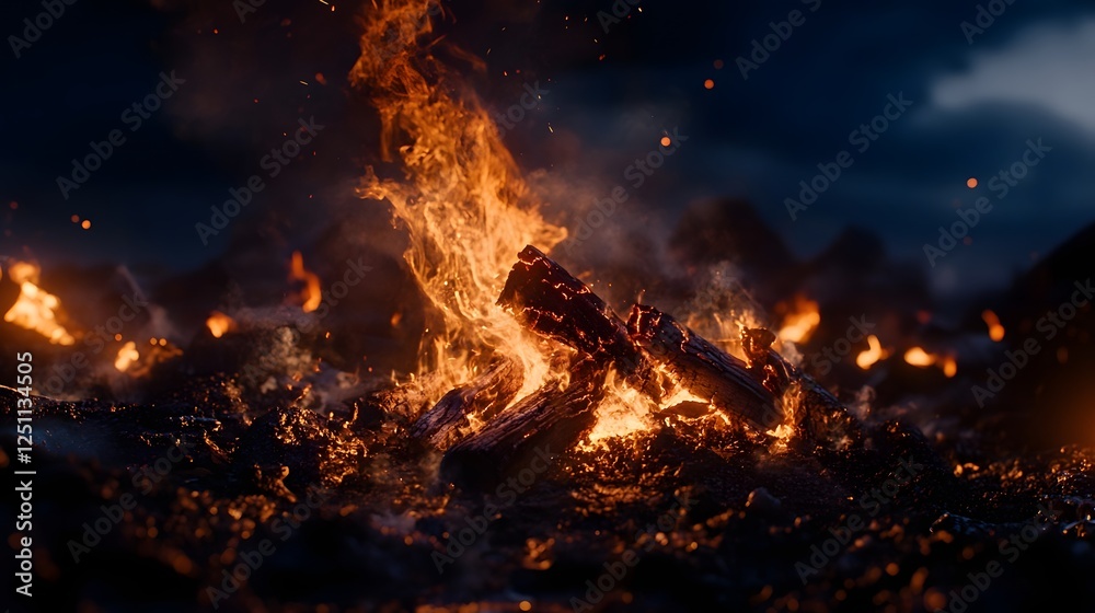 Poster raging inferno of intense flames consuming the darkened landscape in a dramatic nighttime scene with