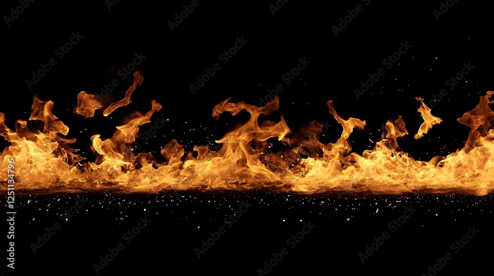 Poster raging inferno with towering orange flames against a black background representing the destructive p