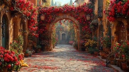 Fototapeta premium A picturesque cobblestone street adorned with vibrant flowers and greenery.