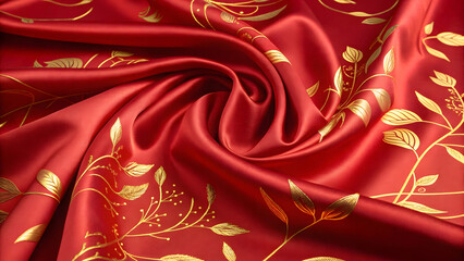 Luxurious red and golden silk fabrics create a rich background