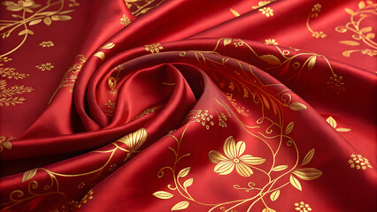 Luxurious red silk and velvet fabrics create a rich, textured background