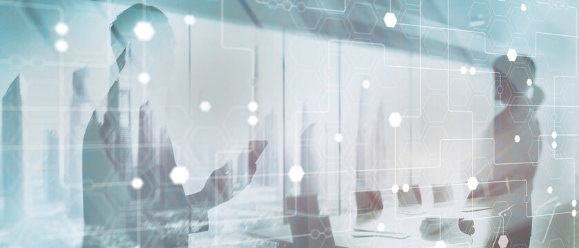 Technology industrial business process workflow organisation structure on virtual screen. Honeycombs and binary code