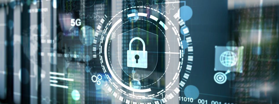 Cyber protection shield icon on server room background. Information Security 2025