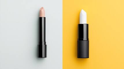 Obraz premium Two lipsticks, one nude and one white, displayed against light blue and yellow backgrounds, showcasing modern cosmetic design.