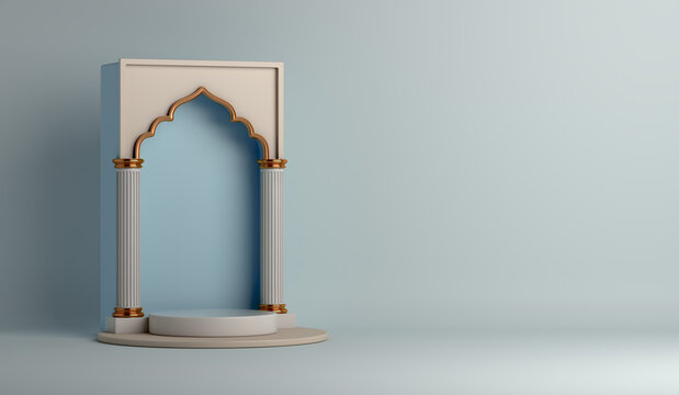 Islamic display podium decorative arch background, Ramadan Kareem eid al fitr adha, muharram, 3D illustration.