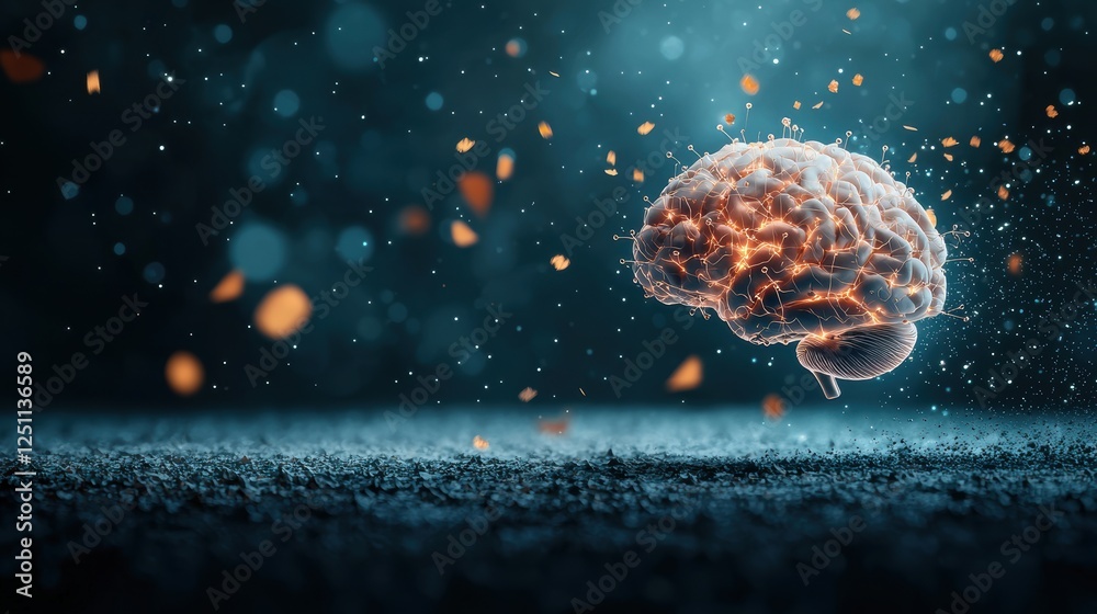 Poster an abstract representation of a human brain, with neurons firing and connecting in fractal patterns,