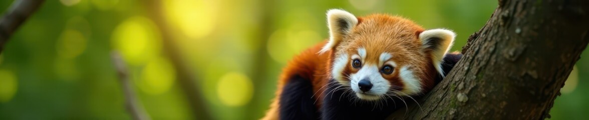 Red panda resting in tree, sunlight dappling fur, closeup, wildlife, red