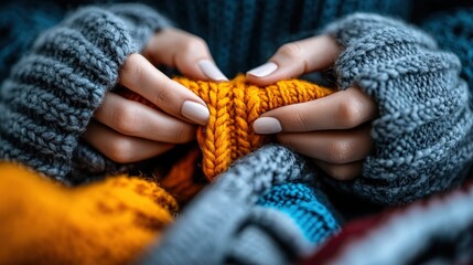 Feel the warmth emanating from this cozy image of hands skillfully knitting together a vibrant mixture of yarn, symbolizing creativity, comfort, and the joy of handmade crafts.