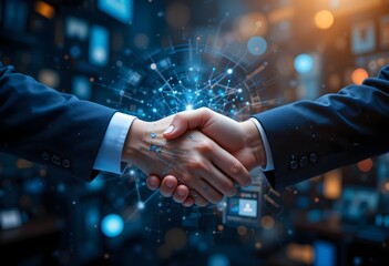  Business Handshake Symbolizing Digital Transformation, Cooperation, and Future Partnerships