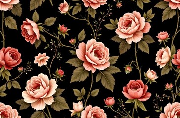 Vintage-style floral pattern with roses on black backdrop