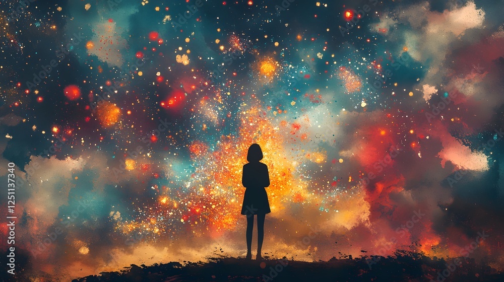 Poster silhouetted figure standing amidst a captivating cosmic landscape filled with exploding colors swirl