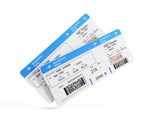Travel or tourism concept. Air plane tickets on white, pair of plane boarding pass.