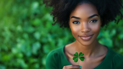 Leadership concept featuring a strong Black woman in green attire with a four-leaf clover in hand