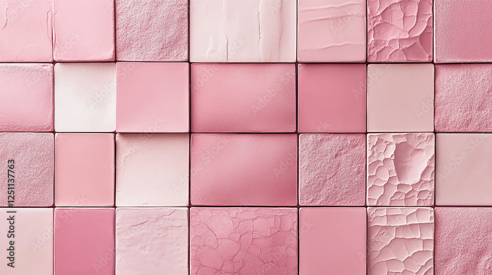 Poster a close-up view of pink ceramic tiles arranged in a grid pattern, showcasing different shades and te