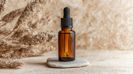 Fototapeta premium A brown serum dropper bottle without a label, placed on light stone with soft pampas, set against a beige background with natural textures and a calm ambiance. 