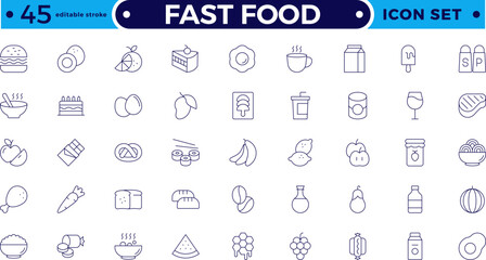 Fast food outline icons. Fast food vector icon line set. Burger sandwich pizza hot dog cola coffee sweets. Editable stroke outline icon.
