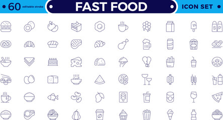 Fast food outline icons. Fast food vector icon line set. Burger sandwich pizza hot dog cola coffee sweets. Editable stroke outline icon.
