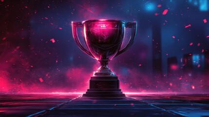 Neon Trophy: A gleaming trophy stands illuminated by neon lights, signifying victory and achievement in a futuristic setting. It's a symbol of success, perseverance, and the thrill of competition.