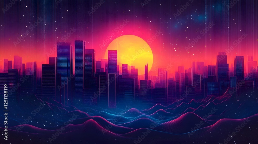 Poster Striking digital of a futuristic cityscape with glowing neon highrise buildings and a vibrant colorful sunset sky filled with stars  The scene has a moody atmospheric and retrofuturistic aesthetic
