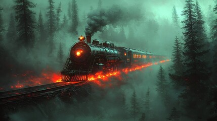 Fiery steam train through misty forest; fantasy art
