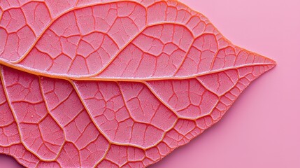 Fototapeta premium A close-up of a textured pink leaf against a soft pink background, highlighting intricate vein patterns and vibrant color.