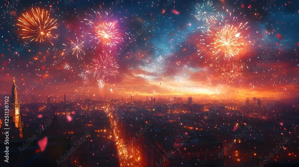 Poster Stunning fireworks exploding in a vibrant array of colors against the backdrop of a captivating cityscape