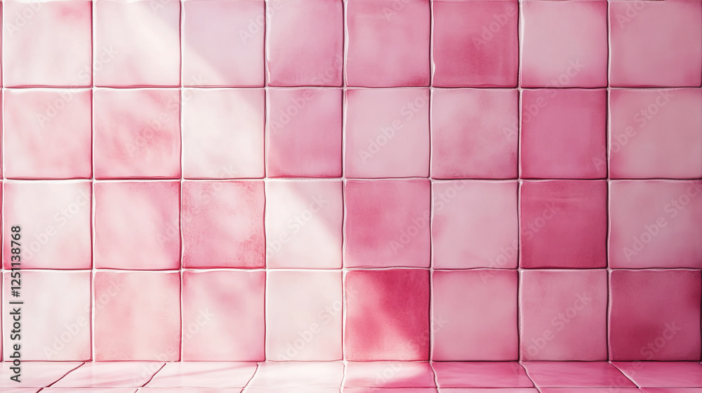 Aufkleber A close-up view of pink ceramic tiles arranged in a grid with a smooth, glossy finish, creating a soft and elegant texture, symbolizing harmony and serenity