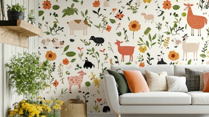 Playful farm animals pattern home decor wallpaper design whimsical environment close-up view perfect for children's rooms