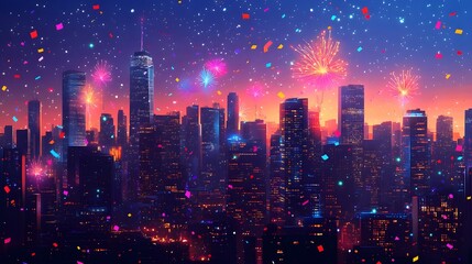 Obraz premium Stunning cityscape with towering skyscrapers and a dazzling fireworks display illuminating the night sky over a vibrant metropolitan area