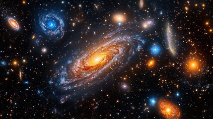 Fototapeta premium Spiral Galaxy Cluster, Deep Space, Cosmic Background, Nebulae, Astronomy Image, Science Education