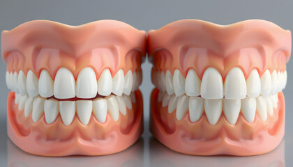 Obraz premium two dental cases with different crowns and ceramic veneers for total prosthetics, hyperrealism. with white shades