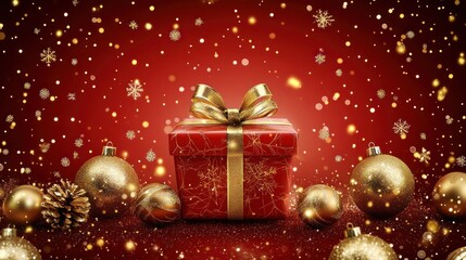 Festive red gift box with gold ornaments, red background, Christmas celebration, holiday greeting card