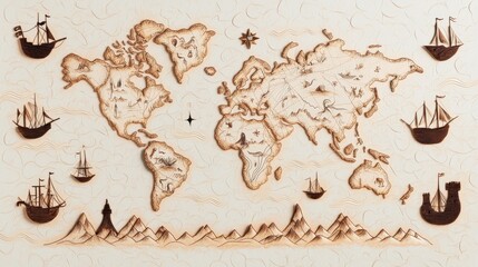 A faded, sepia toned world map from the 16th century, adorned with intricate illustrations of sea monsters, mythical creatures, sailing ships, and unexplored territories.