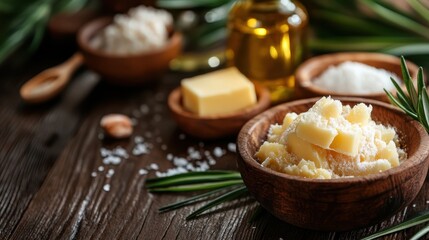An overhead view of wholesome ingredients like butter, oils, and salt alongside green herbs arranged beautifully on a rustic wooden surface, emphasizing natural skincare.