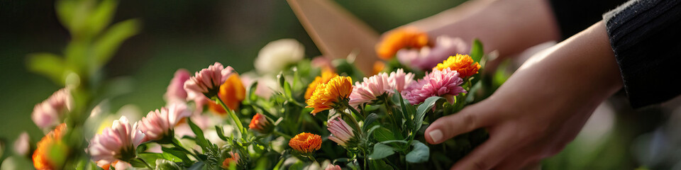 Hands Holding Bouquet of Pink and Orange Chrysanthemums and Calendula