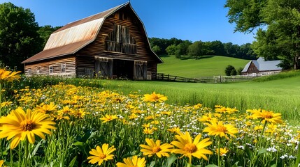Rustic Barn, Spring Meadow, Wildflowers - Rustic charm