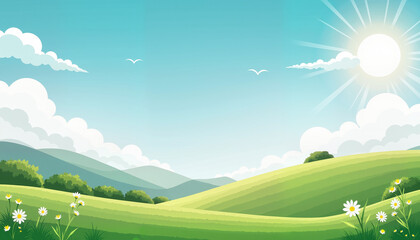 Obraz premium Watercolor landscape with green hills and bright sun