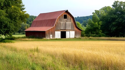 Obraz premium Rustic Red Barn in Golden Wheat Field - Rustic