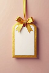 Simple gold-bordered gift tag with golden ribbon , celebration, shiny, decoration