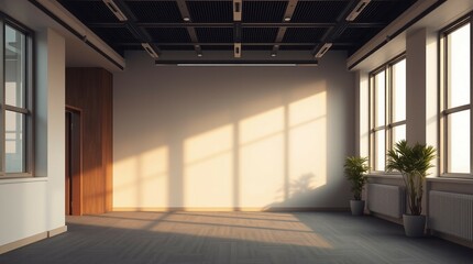 Fototapeta premium Modern Minimalist Office Space with Warm Lighting and Symmetrical Design