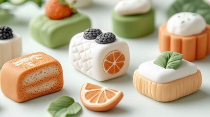 Colorful Decorative Pastries and Desserts with Fruits and Leaf Designs on Soft Background