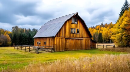 Rustic Wooden Barn in Autumn Field - Rustic