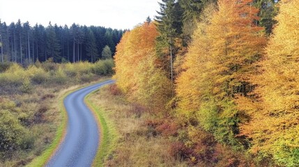 Fototapeta premium Serene autumn landscape with a winding road and colorful foliage.